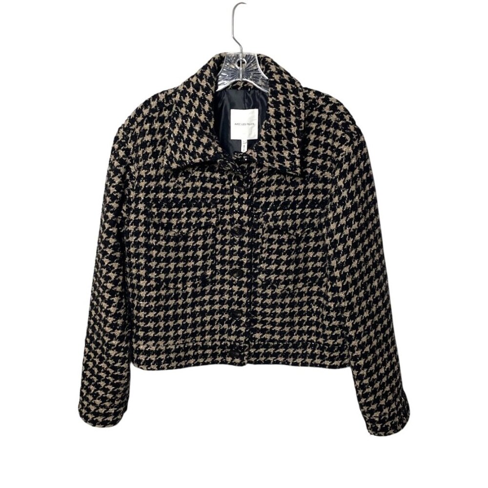 Avec Les Filles Lea Houndstooth Size L Cropped Tweed Wool Blazer Jacket Metallic